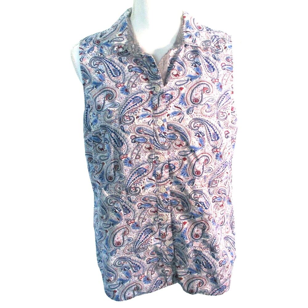 Croft & Barrow Women's Petite Sleeveless Paisley Print Blue Button Blouse MP